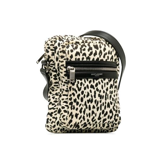 Pre Loved Saint Laurent Leopard Print Canvas Crossbody Bag Women White - Picture 2 of 8